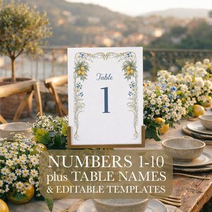 May include: A table setting with a white table number card featuring a floral design with lemons and the number 1 in navy blue. The table is set with plates, bowls, and flowers. Text on the image reads "NUMBERS 1-10 plus TABLE NAMES & EDITABLE TEMPLATES."