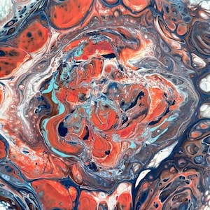 May include: Abstract acrylic pour painting with a swirling pattern. The artwork features a blend of colors, including shades of orange, blue, white, and gray. The fluid art style creates a unique and dynamic visual texture, suitable for home decor.