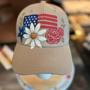 American Spirit! Hand Painted soft cap with adjustable velcro. Each cap is unique and a work of art.