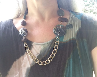 Goldtone Chain with Turquoise, Cloisonne, and Carved Serpentine
