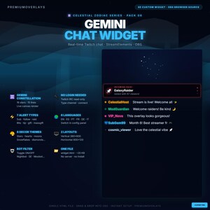 May include: A Gemini Chat Widget digital overlay for streaming, featuring a dark blue celestial theme. The interface displays a live chat box with user messages, a constellation graphic, and text detailing features like 7 alert types, 6 decor themes, and 2 layouts. The design includes icons for stars, hearts, and moons, with technical specifications for OBS integration and StreamElements compatibility.