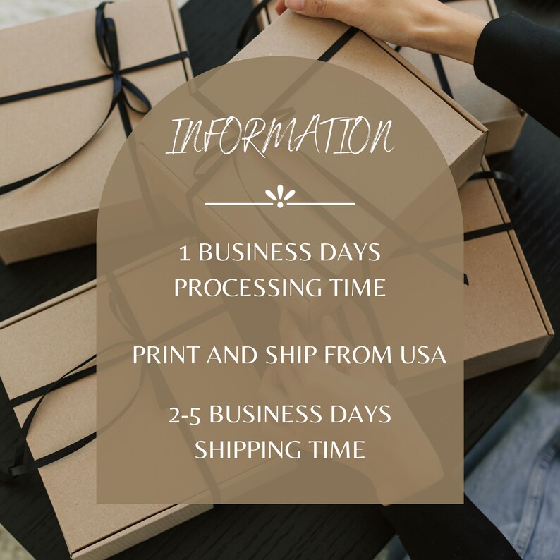 May include: Several tan cardboard boxes tied with black ribbon. The boxes are stacked, with one partially open. The image includes the text "INFORMATION", "1 BUSINESS DAYS PROCESSING TIME", and "PRINT AND SHIP FROM USA".