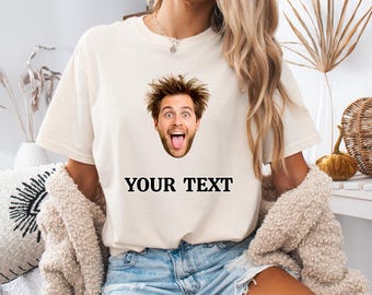 Custom gezicht verjaardagsshirt gepersonaliseerde foto T-shirt, grappig verjaardagsfeestje top, voeg je eigen tekst toe, comfortabele kleuren uniseks shirt, cadeau, feestplezier