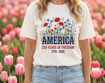 Camiseta del 250 aniversario, Camiseta America Wildflower Meadow, 250 años de libertad 1776-2026, Regalo patriótico de amapola y aciano, Comfort Colors 1717