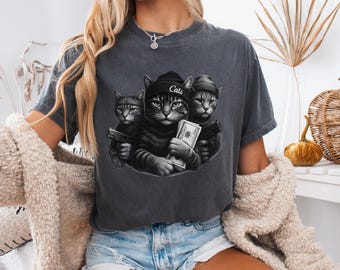 T-Shirt Cat Gang Meme Graphic Comfort Colors Vintage Streetwear Charcoal