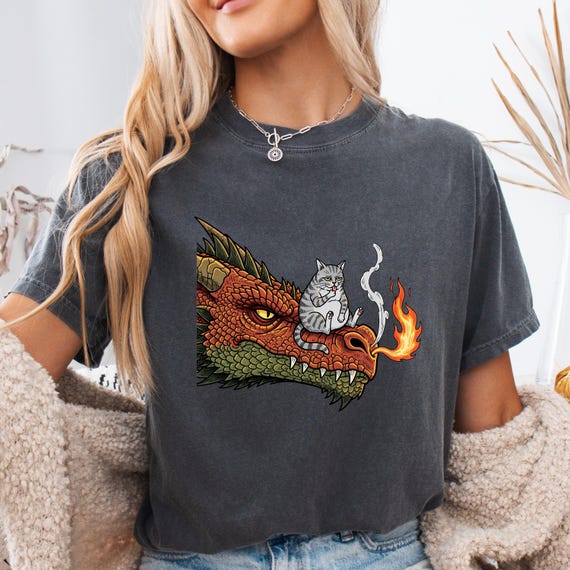 Cat on Dragon shirt, funny grumpy cat tee, fantasy dragon fire design, cozy gamer gifts, comfort colors 1717, magical creature t shirt, epic
