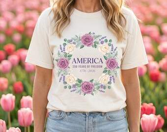 Camiseta del 250 aniversario, camiseta con corona de lavanda americana, regalo de 250 años de libertad 1776-2026, rosa peonía botánica, morado, colores Comfort Colors 1717