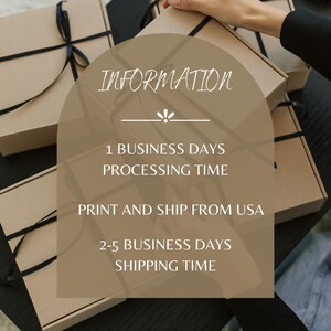 May include: Several tan cardboard boxes tied with black ribbon. The boxes are stacked, with one partially open. The image includes the text "INFORMATION", "1 BUSINESS DAYS PROCESSING TIME", and "PRINT AND SHIP FROM USA".