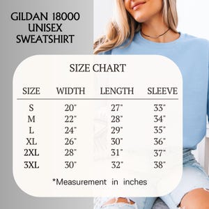 May include: A light blue Gildan 18000 unisex sweatshirt. The image includes a size chart with measurements in inches: S (20" width, 27" length, 33" sleeve), M (22" width, 28" length, 34" sleeve), L (24" width, 29" length, 35" sleeve), XL (26" width, 30" length, 36" sleeve), 2XL (28" width, 31" length, 37" sleeve), and 3XL (30" width, 32" length, 38" sleeve).