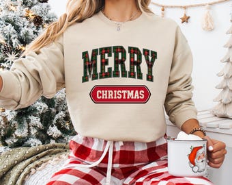 Merry Christmas Sweatshirt, Tartan Plaid Lettering Holiday Pullover, Retro Collegiate Christmas Crewneck, Cozy Warm Unisex Winter Fleece Top