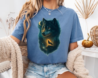 Comfort Colors Shirt, Vintage Howling Wolf Tee, Retro Nature Moon Top, Grunge 90s