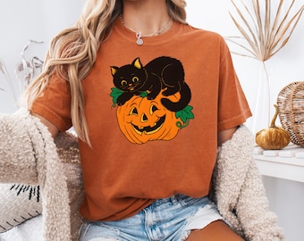Chemise d'Halloween chat noir citrouille – T-shirt vintage Comfort Colors