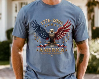 Camiseta del 250 aniversario, Camiseta con águila calva y diseño estadounidense, Regalo patriótico para él (1776-2026), Gráfico de bandera, alas y estrella dorada, Color marfil intenso, Colores cómodos 1717