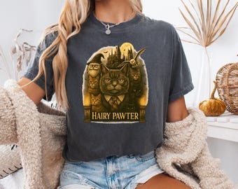 Camiseta con el gato mago peludo Pawter, divertida camiseta gráfica vintage de los 90, colores retro mágicos y cómodos.