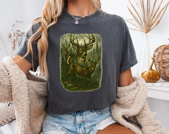 Koszulka Comfort Colors z nadrukiem Deer, koszulka myśliwska vintage z lat 90., retro top z nadrukiem Buck Forest Nature