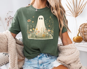 Ghost in Wildflowers Shirt, Floral Halloween Graphic Tee, Spooky Fall Top