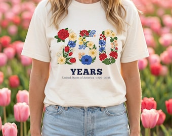 Camiseta del 250 aniversario, camiseta floral de 250 años, regalo patriótico de Estados Unidos 1776-2026, estampado botánico de flores silvestres, rojo, blanco y azul, Comfort Colors 1717