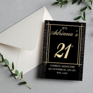 Black & Gold Glam 21st Birthday Invitation | Editable Canva Template | 5x7 Instant Download