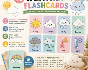 16 Weather Flashcards for Kids | Educational Preschool Homeschool Learning Set (Digital Download)