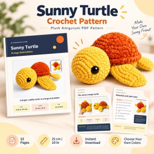 Häkelanleitung für eine Schildkröte (PDF), Plüsch-Amigurumi-Schildkröte, DIY-Spielzeug mit orangefarbenem Panzer, Sofort-Download