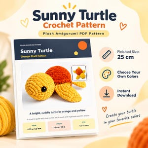 Häkelanleitung für eine Schildkröte (PDF), Plüsch-Amigurumi-Schildkröte, DIY-Spielzeug mit orangefarbenem Panzer, Sofort-Download