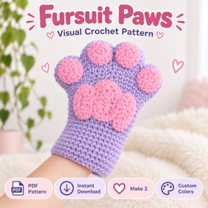 Puede incluir: Un patrón de ganchillo para Fursuit Paws que muestra un guante morado con almohadillas rosas. El texto dice Fursuit Paws Visual Crochet Pattern, PDF Pattern, Instant Download, Make 2 y Custom Colors. El diseño incluye pequeños iconos de corazón.
