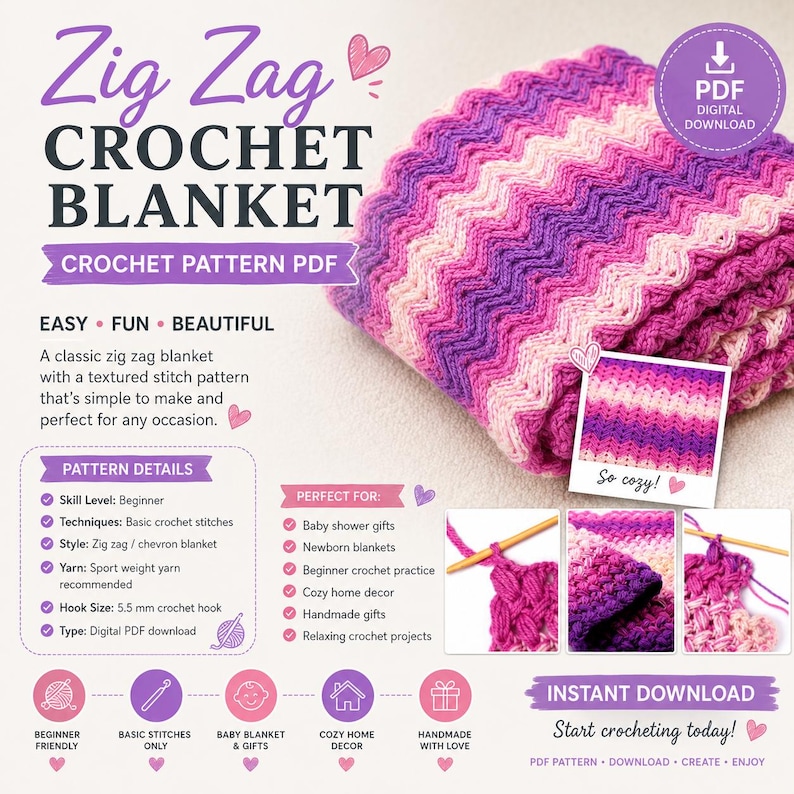 Zig Zag Crochet Blanket Pattern PDF | Beginner Chevron Afghan, Easy ...