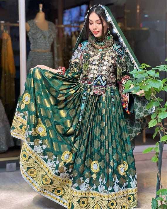Afghan Green Dress with Jewelry | Traditional Embroidered Gown | Handmade Ethnic Party & Wedding Outfit | XS-2XL