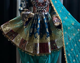 Embroidered Afghan Dress: Blue Turquoise Kameez, Dupatta & Jewelry