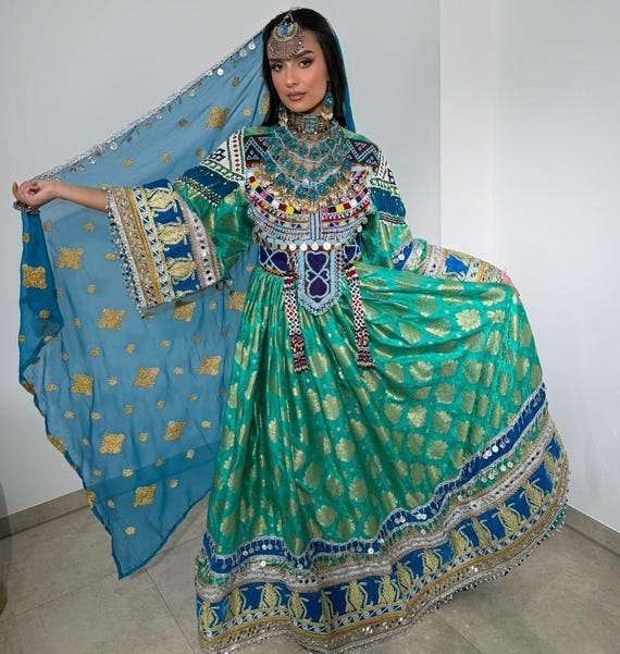 Handmade Turquoise Embroidered Afghan Dress: Jewelry & Dupatta Included