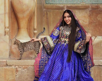 Embroidered Afghan Dress with Jewelry: Royal Blue Kuchi Gown & Dupatta