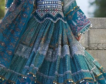 Handmade Traditional Embroidered Maxi | Heavy Mirror Work Cultural Gown | Teal Ethnic Party Dress |