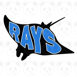 May include: A black stingray graphic with the word "RAYS" in blue block letters. The text is outlined in white. The design is on a white background with panda bear silhouettes.
