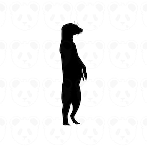 May include: A black silhouette of a meerkat standing upright. The meerkat is facing right, with its arms at its sides and its tail pointing down. The background is white with a pattern of panda faces.