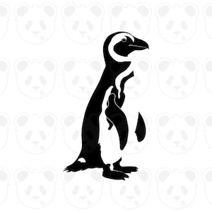 Puede incluir: Silueta en blanco y negro de un pingüino de pie. El pingüino tiene pecho y vientre blancos, con alas, cabeza y espalda negras. El fondo presenta un patrón repetido de caras de panda.