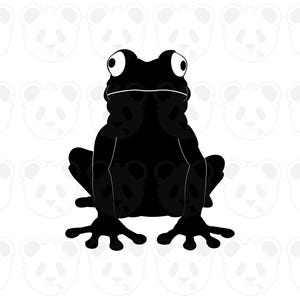 Puede incluir: Silueta negra de una rana con ojos grandes, sentada. El fondo presenta un patrón repetitivo de caras de panda blancas. La forma de la rana se distingue claramente sobre el fondo blanco.