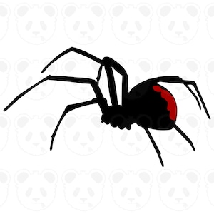 May include: A black widow spider illustration. The spider is black with a red hourglass marking on its abdomen. The spider has eight legs and is depicted in a side view. The background is white with a pattern of panda faces.