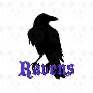 May include: A black raven silhouette perched on a branch, with the word "Ravens" in purple script beneath. The background has a pattern of white panda faces.