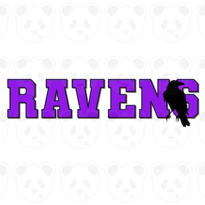 May include: The word "RAVENS" in purple block letters with a black outline, and a black raven perched on the letter "S". The background features a repeating pattern of white panda faces.