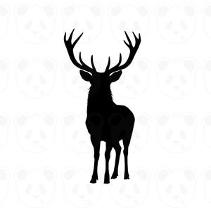 May include: A black silhouette of a stag with large antlers, standing upright. The stag is the central focus, set against a white background with a repeating pattern of panda faces. The image is a simple, graphic representation of a deer.