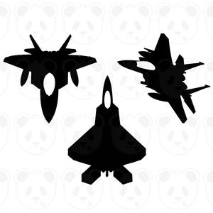 May include: Three black silhouette illustrations of fighter jets. Each jet has a unique design, with wings and tail fins. The jets are set against a white background with panda bear faces.