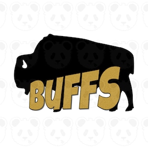 May include: A black silhouette of a bison with the word "BUFFS" in gold, stylized text. The bison shape contains panda bear silhouettes. The background is white with panda bear outlines.