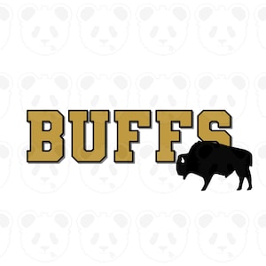 May include: Gold and black graphic with the word "BUFFS" in a bold font, with a black buffalo silhouette to the right. The background features a pattern of white panda faces.