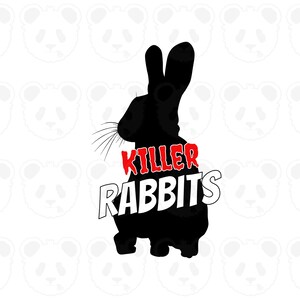 以下が含まれることがあります： 赤と白の「KILLER RABBITS」の文字が入った、黒いウサギのシルエット。ウサギは長い耳とひげで直立しています。背景には白いパンダの顔のパターンがあります。