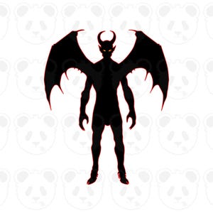 Può includere: Una silhouette nera di una figura demoniaca con grandi ali, corna e occhi giallo brillante. La figura è in piedi su uno sfondo bianco con facce di panda.