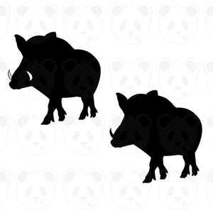 May include: Two black silhouette images of warthogs. The warthogs are facing different directions, with visible tusks and a textured body. The background features a pattern of white panda faces.