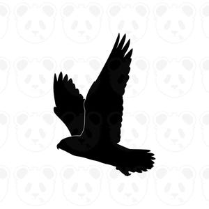 May include: A black silhouette of a bird in flight, wings spread wide. The bird is depicted with detailed feathers and a sharp beak, set against a white background with panda bear faces.