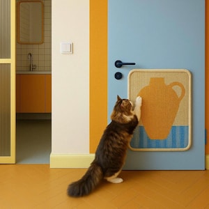 Puede incluir: Un gato esponjoso marrón y blanco araña una estera tejida adherida a una puerta azul claro. La estera presenta un diseño de jarrón amarillo. La habitación tiene paredes y pisos naranjas y amarillos.