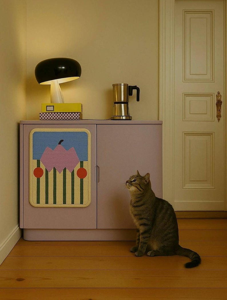 Puede incluir: Una habitaci&oacute;n de estilo moderno con una l&aacute;mpara de hongo negra, una cafetera plateada y un armario con un dise&ntilde;o abstracto colorido. Un gato atigrado est&aacute; sentado en el suelo de madera, mirando hacia arriba. El armario est&aacute; pintado de color lila claro.