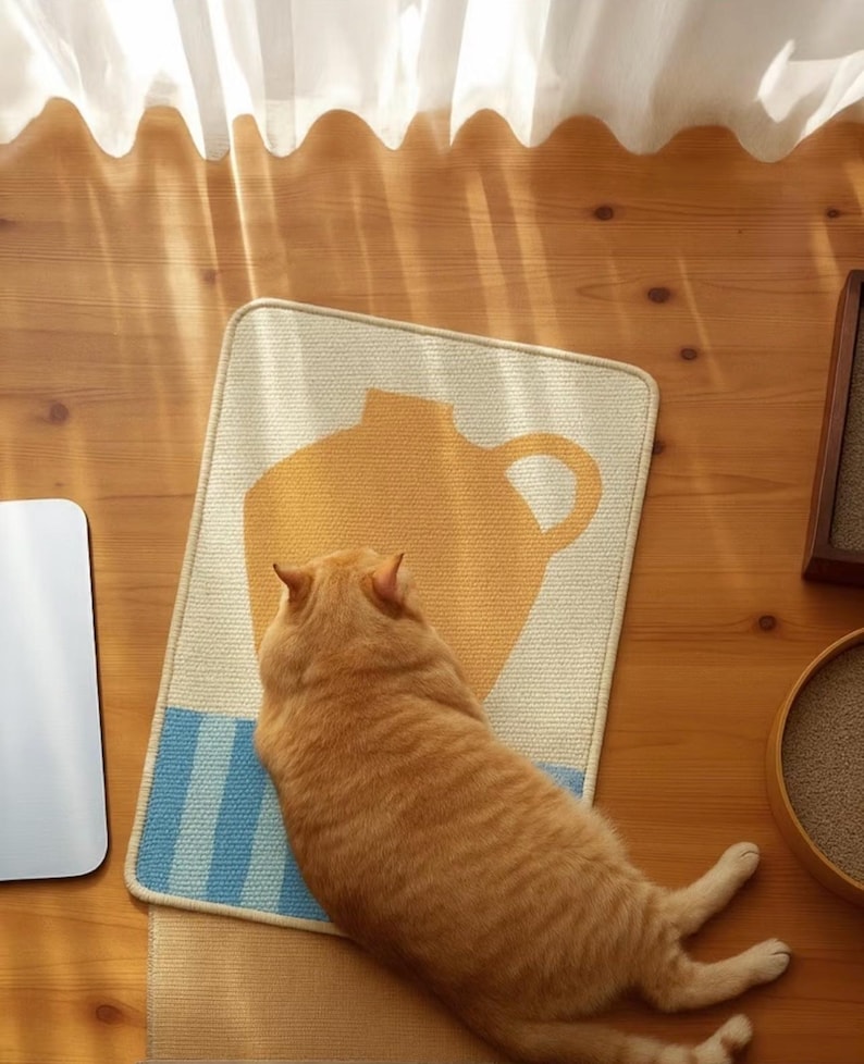 Puede incluir: Un gato atigrado naranja descansa sobre una alfombra rectangular con un dise&ntilde;o de jarra amarilla. La alfombra tiene un fondo crema con rayas azules y blancas. El gato est&aacute; sobre un suelo de madera, con luz solar entrando por una ventana. La alfombra mide unos 60 cm x 40 cm.